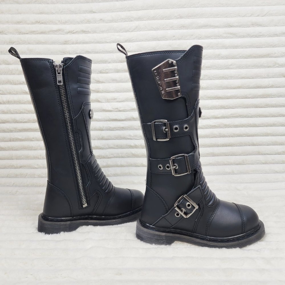 Combat Biker Boots Black Matte Lightning Bolt Tread Bolt 405 Goth Punk - Picture 3 of 9